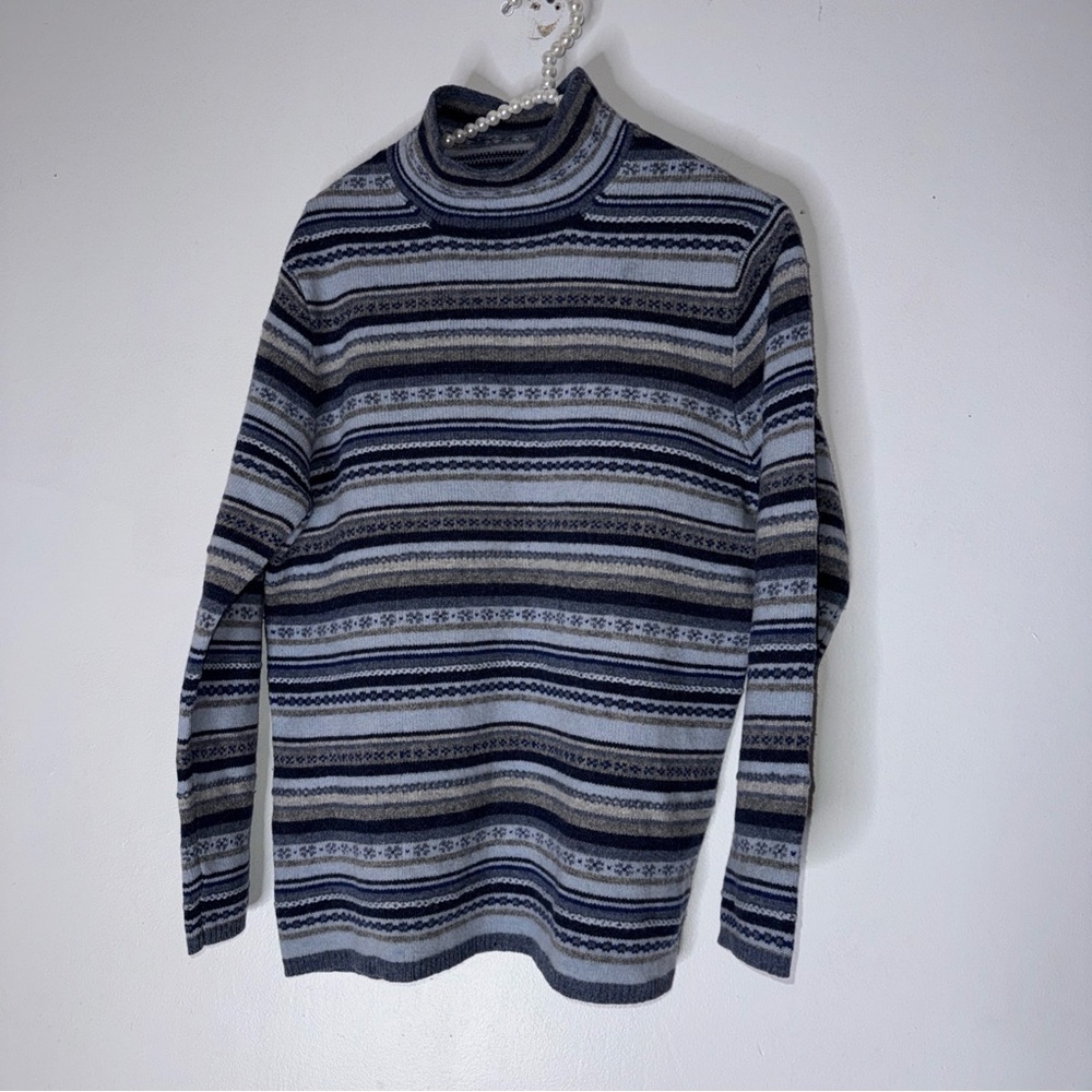 vintage eddie bauer Medium Blue Fair Isle Mock Neck Lambswool Sweater